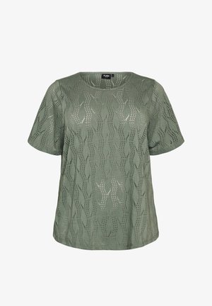 Top in pizzo verde salvia a maniche corte con motivo ondulato traforato, scollatura rotonda e vestibilità comoda.