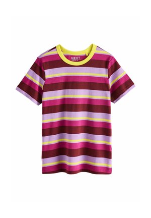 T-shirt s kratkimi rokavi iz bombaža z horizontalkami v maroon, rožnati, sivkasti in rumeni barvi. Ima rumen krožni ovratnik in sproščen kroj.