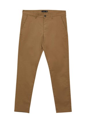 Beige Chinos aus einem Baumwollmischgewebe mit geradem Bein, vorderen Taschen, einem Knopf- und Reißverschluss sowie minimalen Nähdetails.