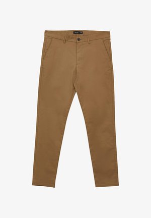 Beige Chinos aus einem Baumwollmischgewebe mit geradem Bein, vorderen Taschen, einem Knopf- und Reißverschluss sowie minimalen Nähdetails.