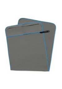 Two gray tablet sleeves with blue piping, featuring a zipper pocket and a smooth, soft texture for protection and portability.