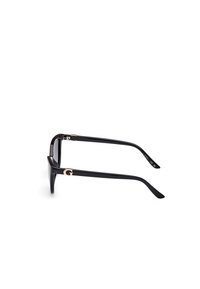 Occhiali da sole neri a forma quadrata con montatura nera lucida, dettaglio in tono oro sulle tempie e lenti scure. Design elegante e complessivo con bracci curvi.