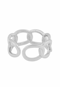 Sömlös silverring med sammanlänkade ovala och slingrande former. Blank yta med jämn textur, enhetlig design utan utsmyckningar.