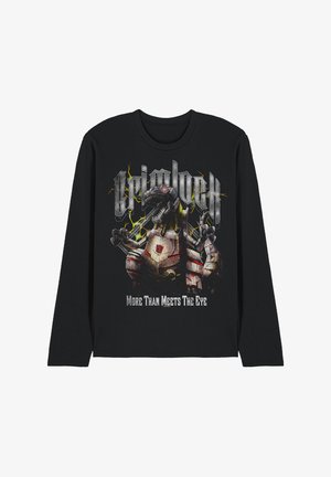 Black long-sleeve t-shirt featuring a graphic of a silver robotic dinosaur with red accents and yellow lightning, text reads "Grimlock More Than Meets The Eye."