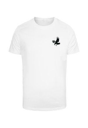 Biele bavlnené tričko s čiernou grafikou vtáka s rozprestretými krídlami na ľavej strane hrude. Krátke rukávy, okrúhly výstrih.