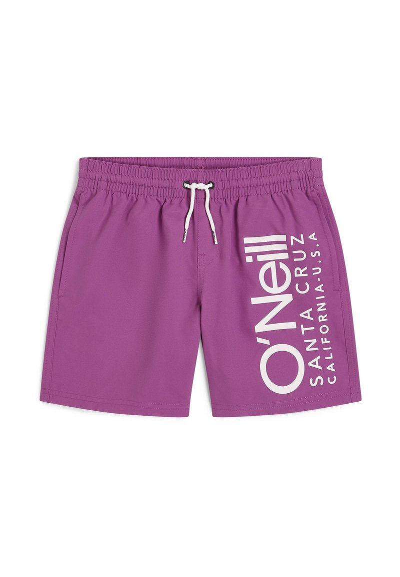 Costumi da bagno viola con vita elastica, cordoncino bianco e un logo grafico con testo sul lato sinistro. Tessuto liscio.