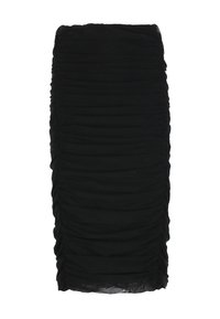 Zwarte gerimpelde rok van textuurstof met verticale plooien, knielange stijl, elastische taille en een gladde voering.