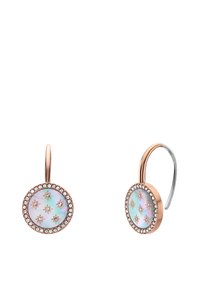 Orecchini in oro rosa con un design ovale, caratterizzati da un centro iridescente chiaro e motivi a stella, circondati da un alone di cristalli trasparenti.