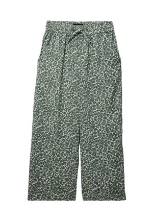 Pantalon à jambes larges avec taille élastique et lien, présentant un motif floral vert et blanc sur fond clair.