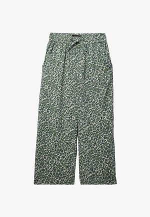 Pantalon à jambes larges avec taille élastique et lien, présentant un motif floral vert et blanc sur fond clair.