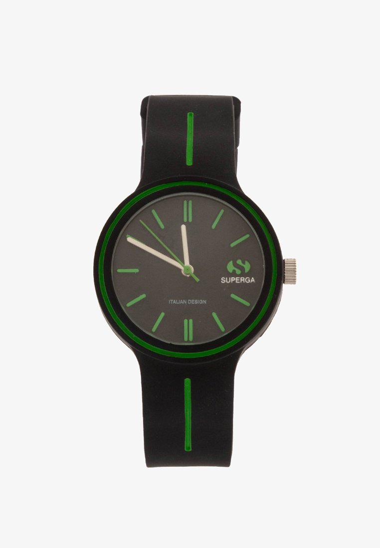 Reloj de silicona negra con acentos verdes, esfera redonda, marcadores de hora simples y pomo plateado. Presenta el texto "Diseño Italiano".