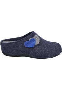 Dark blue felt clog with a gray and blue felt heart accent. Soft texture, rounded shape, and a black rubber sole. No heel.