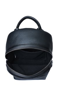 Black leather backpack with a textured finish, rounded shape, dual top handles, and a zippered closure revealing a black fabric interior.