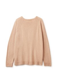 Beżowy sweter, miękki materiał dzianinowy, okrągły dekolt, długie rękawy raglanowe, ściągacze na hemie i rękawach, gładka tekstura bez wzorów czy akcentów.