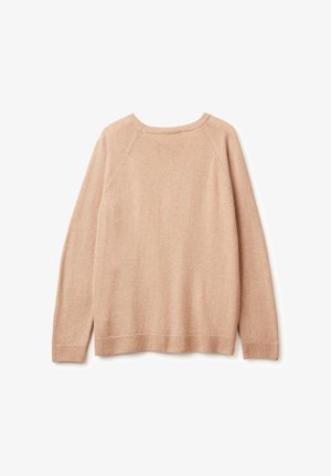 Beżowy sweter, miękki materiał dzianinowy, okrągły dekolt, długie rękawy raglanowe, ściągacze na hemie i rękawach, gładka tekstura bez wzorów czy akcentów.