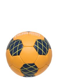 Palla da allenamento arancione con accenti blu navy e verde lime, caratterizzata da un motivo esagonale. Realizzata in materiale sintetico, con texture liscia.