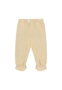 Pantaloni per bambini in bambù color beige chiaro, con vita elastica e polsini a costine, caratterizzati da una finitura morbida e testurizzata.