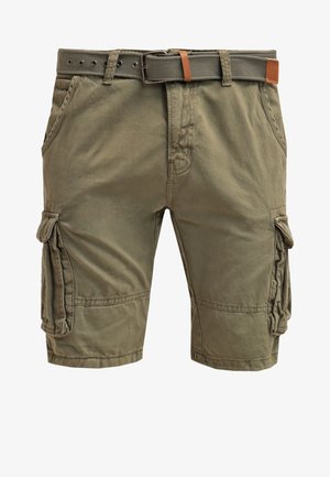 Olivgrüne Cargo-Shorts aus Baumwolle, mit einem Gürtel mit braunen Lederelementen, mehreren Taschen und einer lässigen Passform.