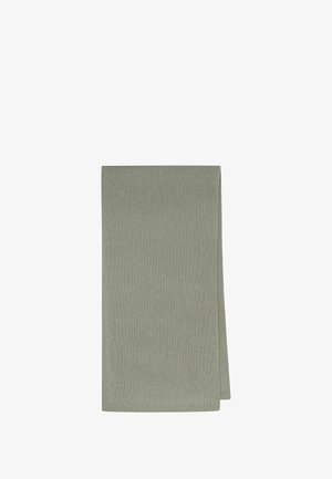 Ribbed green fabric scarf, rectangular shape, soft texture, and even stitching along the edges, suitable for layering.