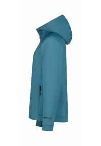 Blågrøn vandtæt jakke med hætte, der har en lynlåslomme foran og elastiske manchetter. Glat tekstur og enkel, ubrudt design.