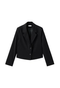 Čierny skrátený blazer vyrobený z hladkej tkaniny. Má klopený golier, dlhé rukávy a dva predné gombíky. Minimalistický dizajn bez vzorov.