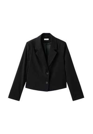 Blazer corto negro hecho de una tela suave. Presenta un cuello con muescas, mangas largas y dos botones frontales. Diseño minimalista sin patrones.