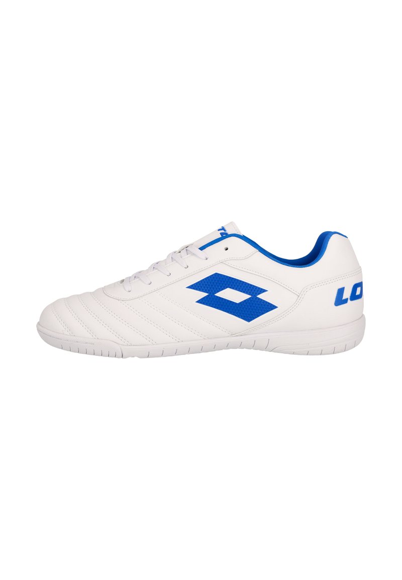 White athletic shoe with blue accents, featuring a textured leather upper, round toe, lace-up design, and a patterned sole.