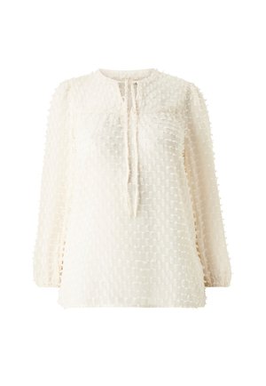 Crèmekleurige blouse met een getextureerd, rasterachtig patroon, lange mouwen met elastische manchetten en een keyhole-halslijn met strikjes.