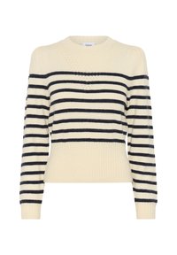 Pull à rayures en crème et marine, avec un col rond, un ourlet côtelé et des manches bouffantes avec des détails texturés.