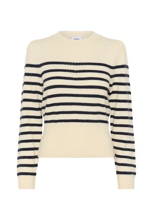 Črtast pulover v kremni in mornarsko modri barvi, z okroglo ovratnikom, ribanim robom in napihnjenimi rokavi s teksturiranimi detajli.