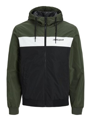 Hooded jacket in dark green, white, and black panels. Features a zip closure, elastic cuffs, and logo detail on the chest. Lightweight texture.