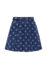 Gonna di jeans con un design plissettato, blu con pois azzurri, e una vita. Il tessuto ha un aspetto texture e intrecciato.