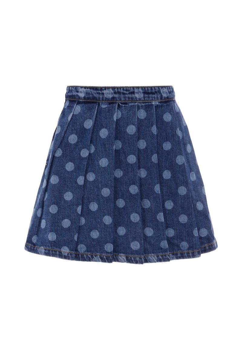 Gonna di jeans con un design plissettato, blu con pois azzurri, e una vita. Il tessuto ha un aspetto texture e intrecciato.