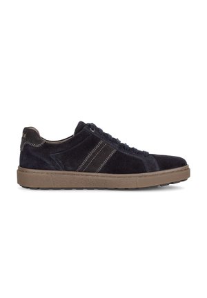 Navy suede sneaker with brown rubber sole, lace-up front, and double-stitched side detail, shown in side profile on a white background.