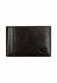 Sort læderpung, rektangulær form, glat overflade, med syede kanter og et lille logo i nederste højre hjørne.