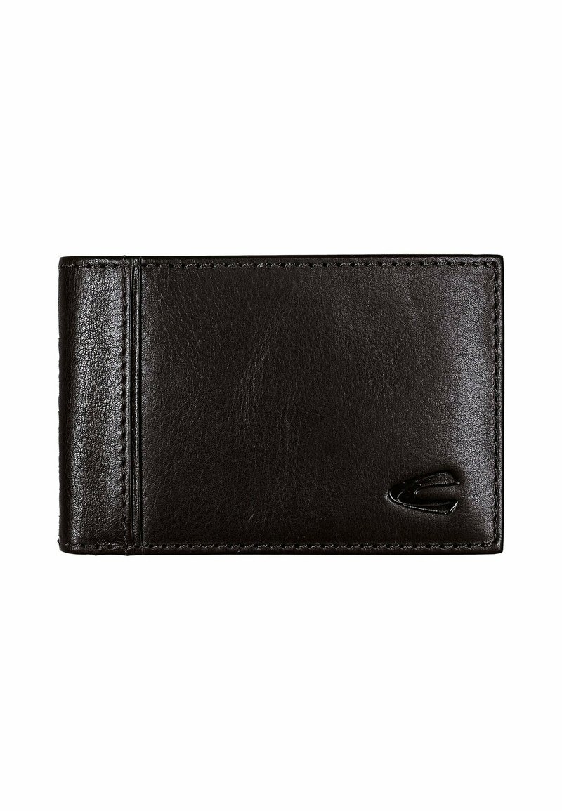 Sort læderpung, rektangulær form, glat overflade, med syede kanter og et lille logo i nederste højre hjørne.