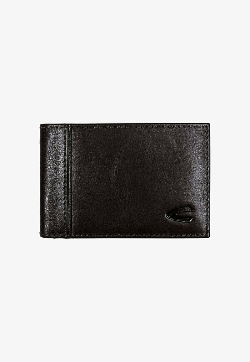 Sort læderpung, rektangulær form, glat overflade, med syede kanter og et lille logo i nederste højre hjørne.