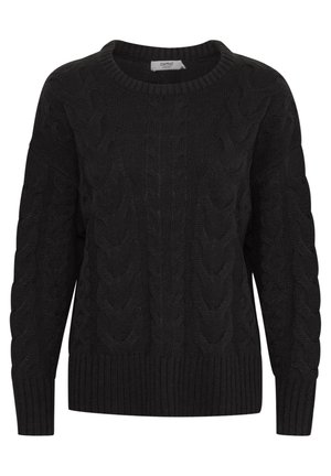 Svart kabelstrikket genser med rund hals, ribbestrikkede mansjetter og nederkant. Har teksturert mønster gjennomgående. Myk, tykk strikket materiale.