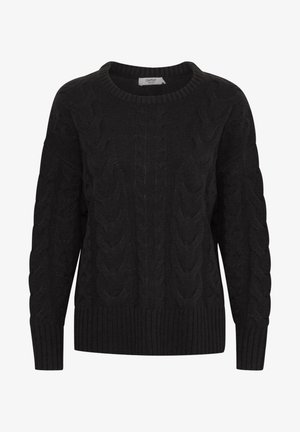 Čierny sveter z pleteniny s hladkým okrúhlym výstrihom, rebrovanými manžetami a lemom. Obsahuje textúrovaný vzor po celej ploche. Mäkký, hrubý pletený materiál.