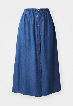 Fustă din denim cu talie elastică, material albastru, lungime completă, închidere cu buton frontal și textură subtilă. Fără modele sau accente vizibile.