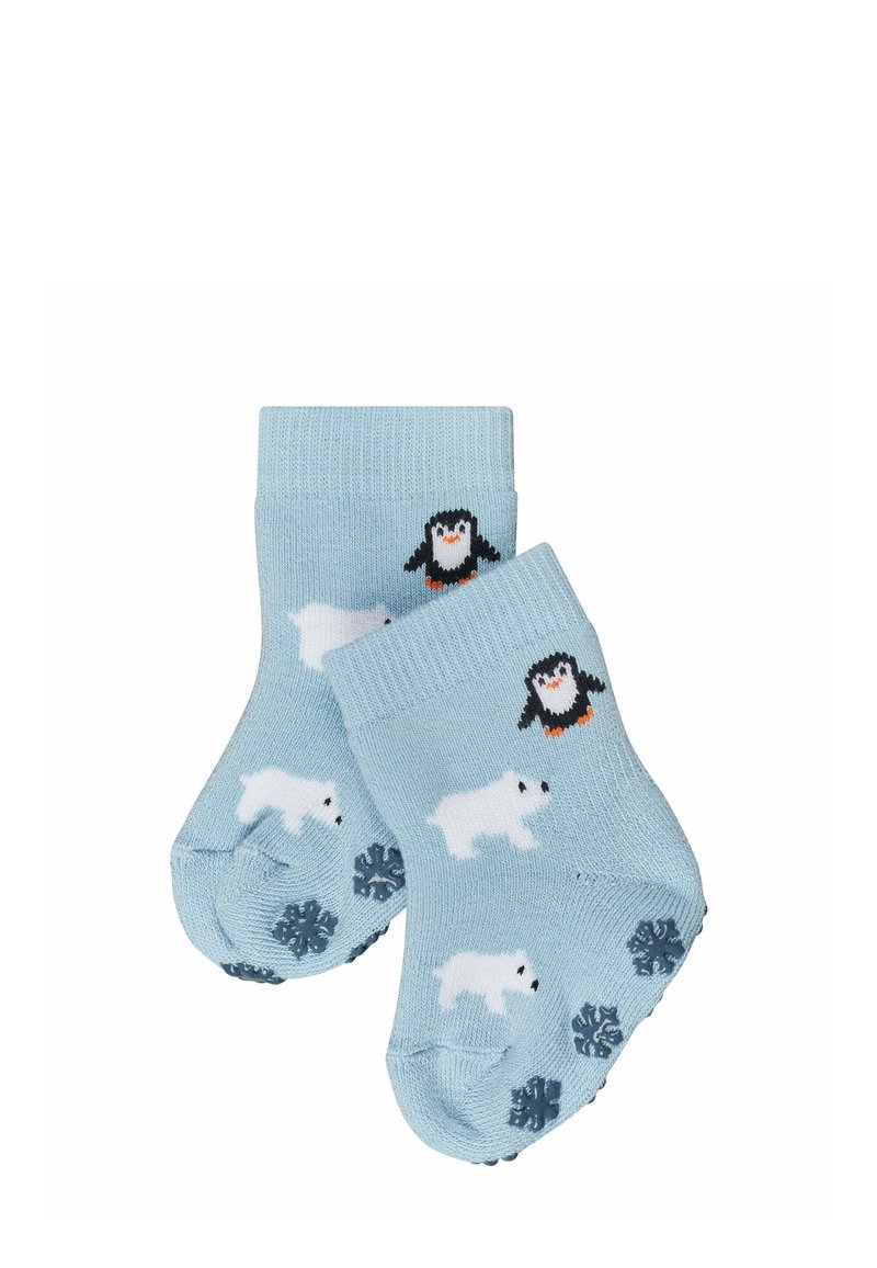 Chaussettes bleu clair avec des motifs de pingouins et d'ours polaires, ornées de flocons de neige sur les semelles ; fabriquées en matériau tricoté.