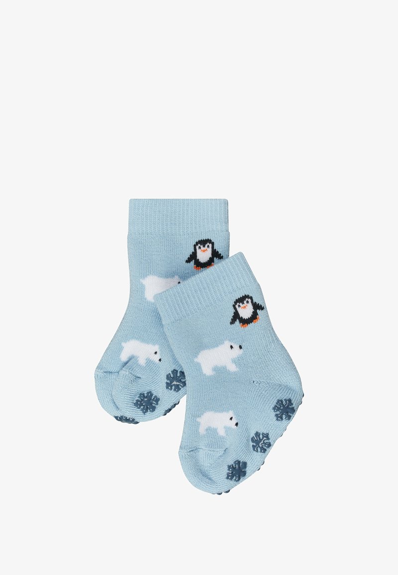 Hellblaue Socken mit Pinguin- und Eisbärmotiven, die auf den Sohlen Schneeflockenmuster aufweisen; aus gestricktem Material gefertigt.