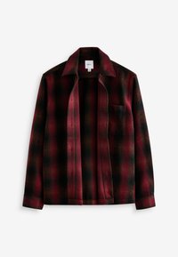 Chemise en flanelle à carreaux rouge et noir avec un col structuré, des manches longues et une poche poitrine. Texture douce et design à boutons sur le devant.