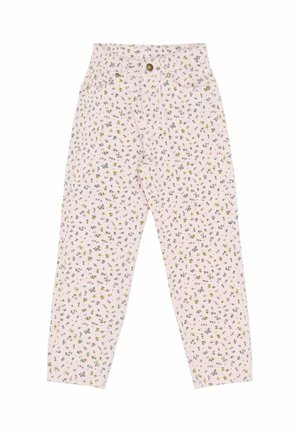Lyserøde stofbukser med et blomstermønster bestående af små grønne og gule blomster, fem-lomme design og knaplukning.