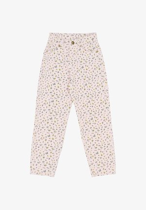 Svetloružové látkové nohavice s kvetinovým vzorom, malými zelenými a žltými kvetmi, dizajnom s piatimi vreckami a zapínaním na gombík.