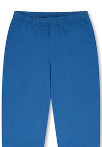 Blå mjukisbyxor i ett mjukt tyg, med resårmidja och en slät yta. Inga fickor eller distinkta mönster observerade.