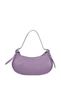Borsa a tracolla in pelle viola con forma semicircolare, dotata di una sola tracolla rimovibile e dettagli in metallo argentato. Texture liscia.