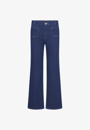 Dark blue denim jeans with wide legs, front pockets, belt loops, and a button closure at the waist.