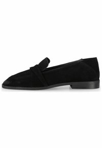 Black suede loafer with a pointed toe, slip-on design, and a flat rubber sole. Features a decorative strap across the upper.