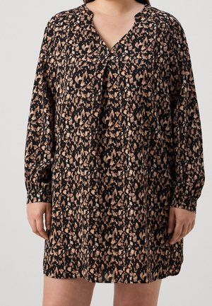 Schwarzes Kleid mit abstrakten beigen und rostfarbenen Mustern, V-Ausschnitt und langen Ärmeln mit gerafften Manschetten, aus leichtem Stoff gefertigt.